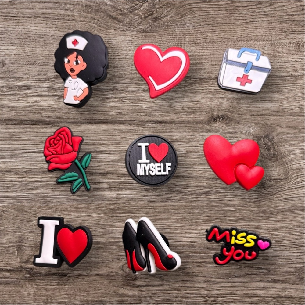 Set of Fun Shoe Charms with Heart and Nurse Designs